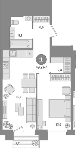 Планировка: 1-комнатная квартира 47 м² в ЖК «Квартал Герцена»