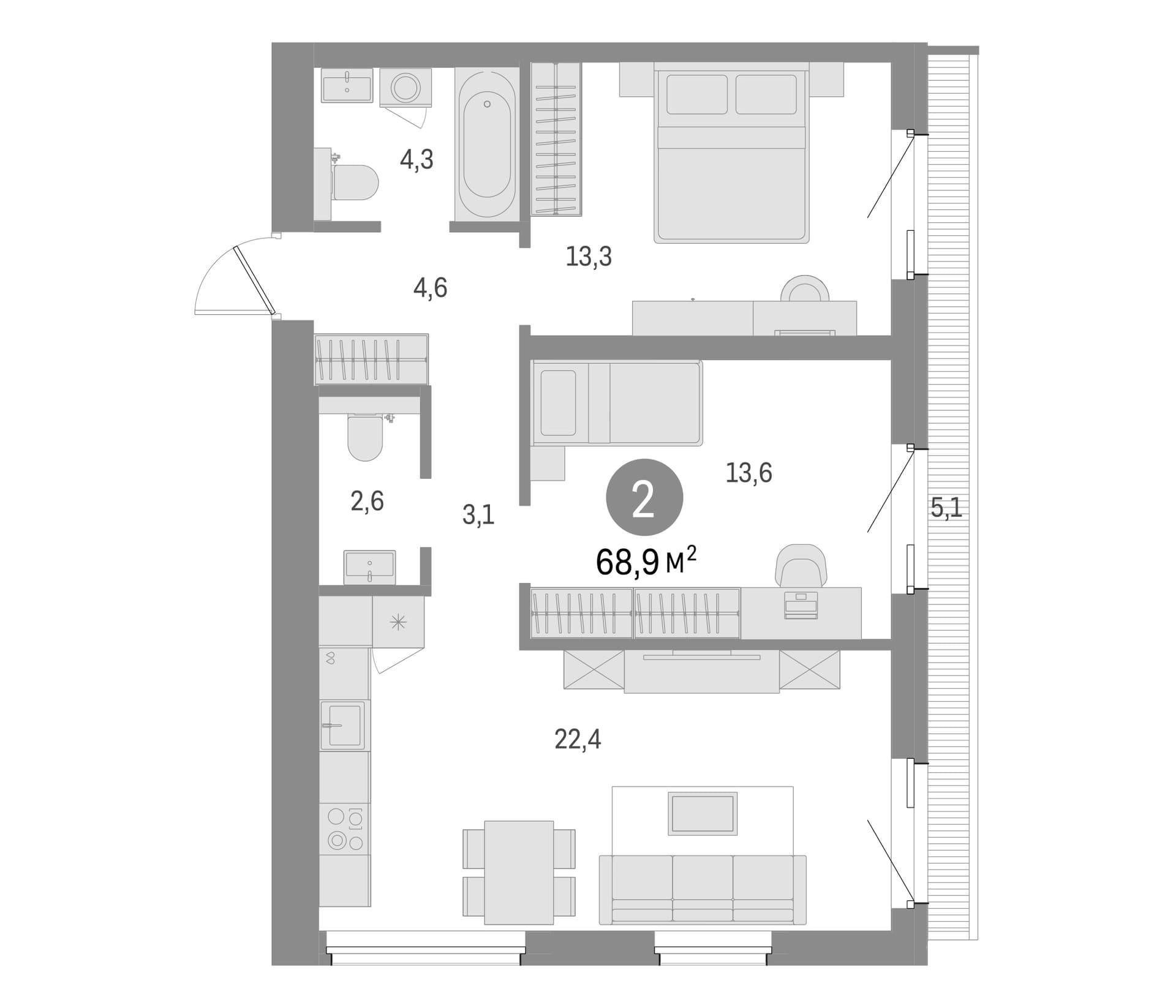 Планировка: 2-комнатная квартира 63,8 м² в ЖК «Северный ветер»