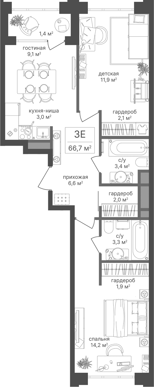 Планировка: Евротрёшка 65,3 м² в ЖК «Михалковский»