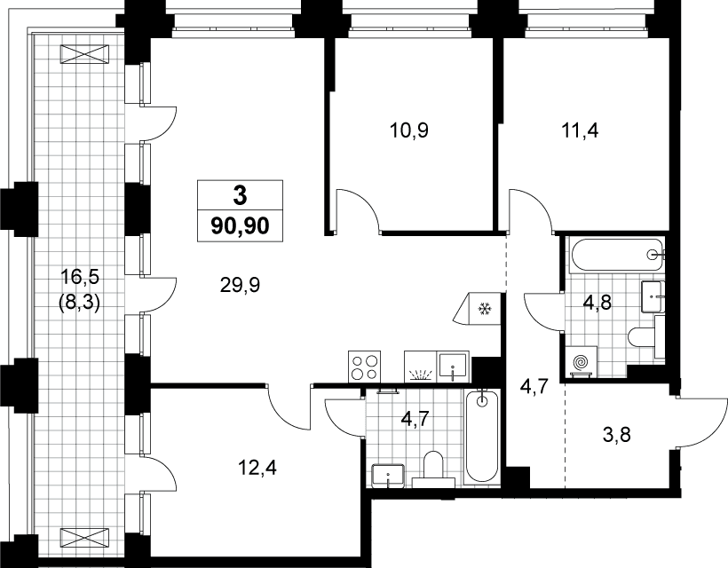 Планировка: Квартира евро-4 82,6 м² в ЖК «Хольм»