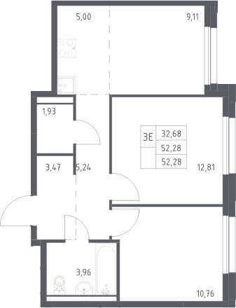 Планировка: Евротрёшка 52,3 м² в ЖК «Прибрежный Парк»