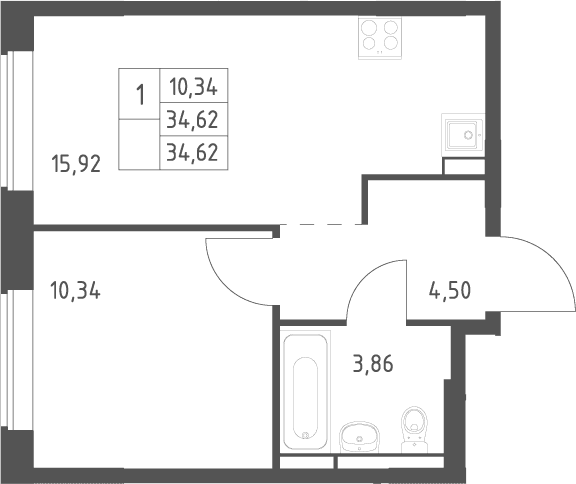 Планировка: Евродвушка 34,6 м² в ЖК «Большое Юрлово»