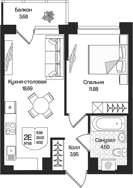 Планировка: Евродвушка 39 м² в ЖК «Охтинские высоты»