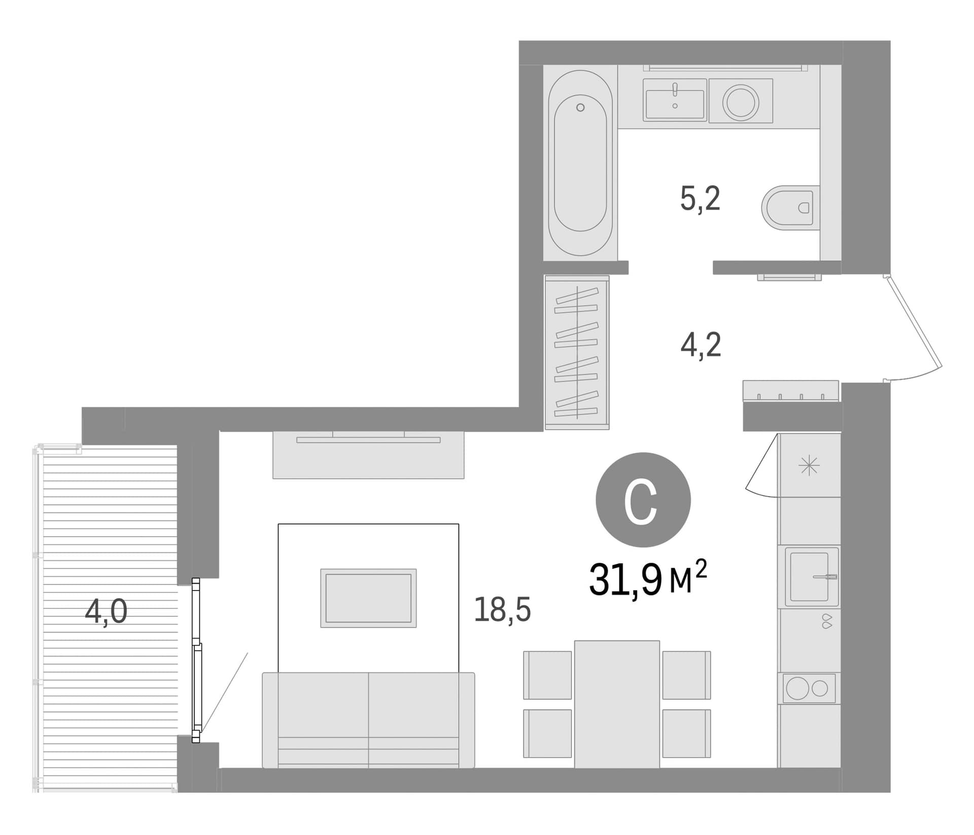 Планировка: Студия 27,9 м² в ЖК «Брусника в Новоселье»