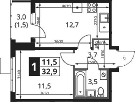 Планировка: 1-комнатная квартира 31,8 м² в ЖК «1-й Ясеневский»