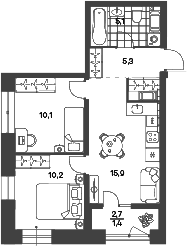 Планировка: Евротрёшка 46,5 м² в ЖК «Новый Питер»