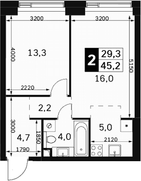 Планировка: Евродвушка 45,2 м² в ЖК «Амбер Сити»