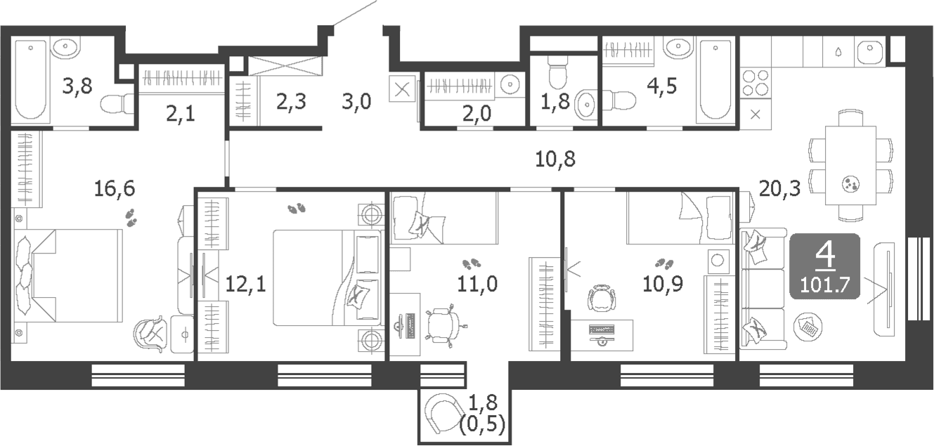 Планировка: Квартира евро-5 101,2 м² в ЖК «Шагал»