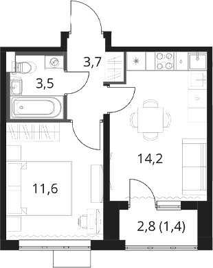 Планировка: 1-комнатная квартира 33 м² в ЖК «1-й Шереметьевский»