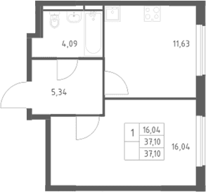 Планировка: 1-комнатная квартира 37,1 м² в ЖК «Мытищи Парк»