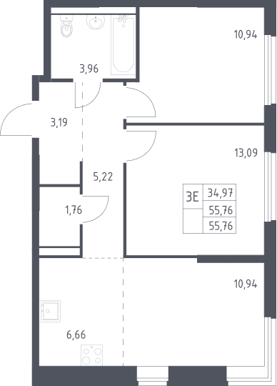 Планировка: Евротрёшка 55,8 м² в ЖК «Пригород Лесное»