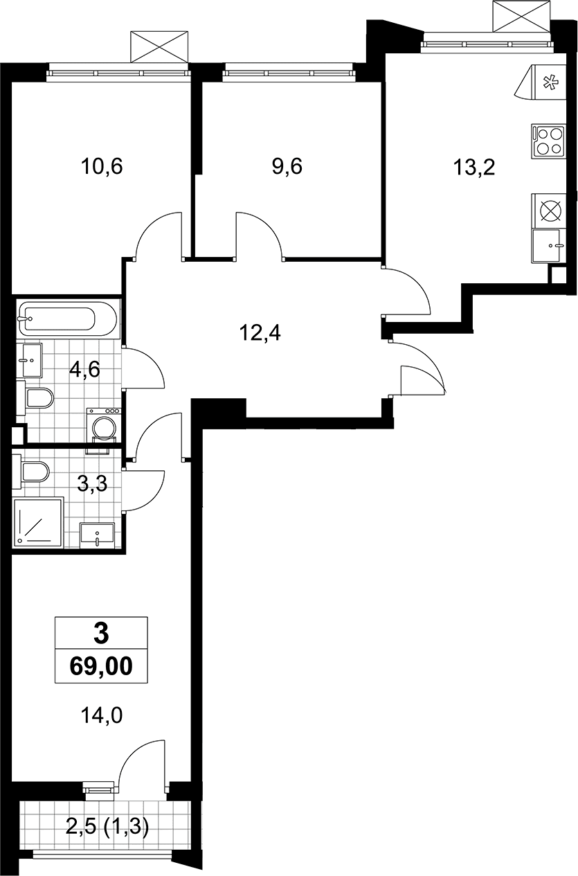 Планировка: 3-комнатная квартира 67,7 м² в ЖК «Деснаречье»