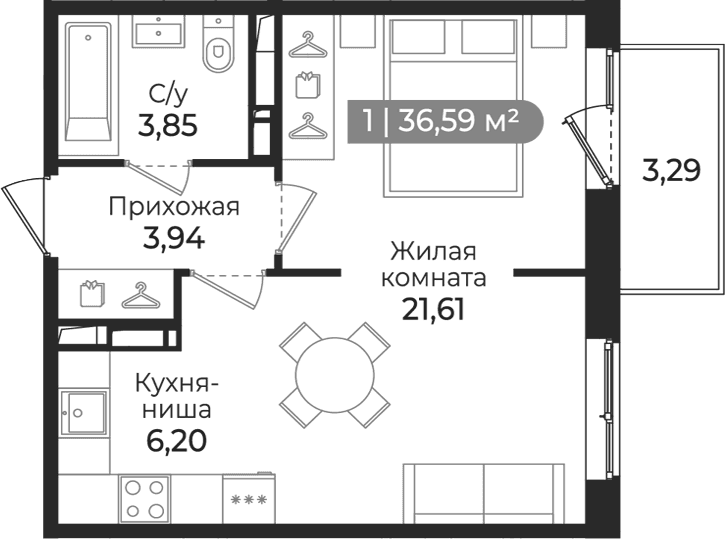 Планировка: Студия 35,6 м² в ЖК «Квинта»