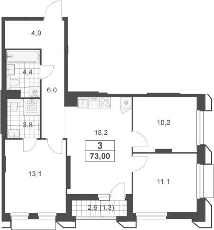 Планировка: Квартира евро-4 71,7 м² в ЖК «Южные сады»