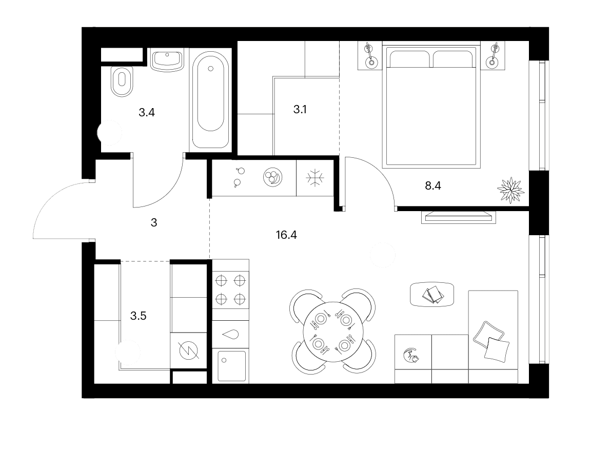 Планировка: 1-комнатная квартира 37,8 м² в ЖК «Бунинская набережная»