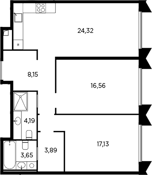 Планировка: Евротрёшка 77,9 м² в ЖК «Акватория»