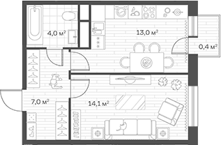 Планировка: 1-комнатная квартира 38,1 м² в ЖК «Аристов Берег»