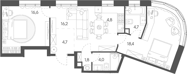 Планировка: Евротрёшка 71,2 м² в ЖК «Родина Переделкино»