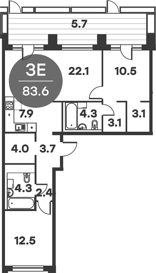 Планировка: Евротрёшка 82,4 м² в ЖК «Равновесие»