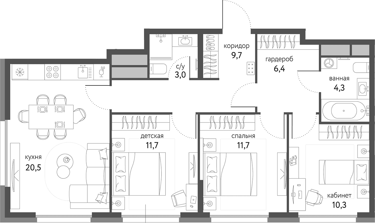 Планировка: 3-комнатная квартира 77,6 м² в ЖК «Сиреневый парк»
