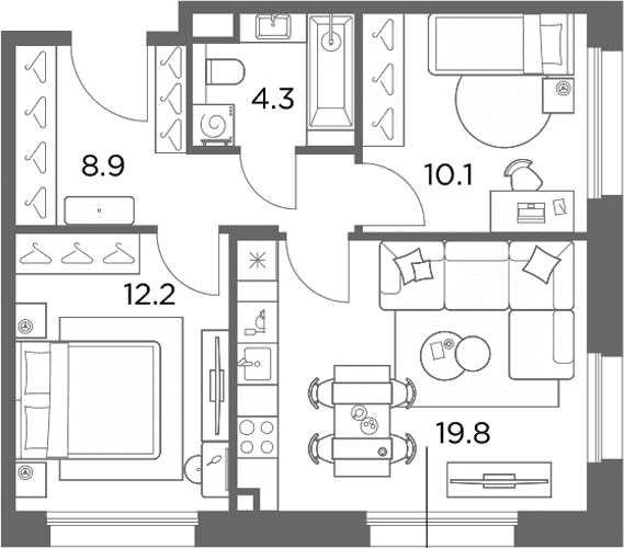 Планировка: 2-комнатная квартира 55,3 м² в ЖК «Станиславский»