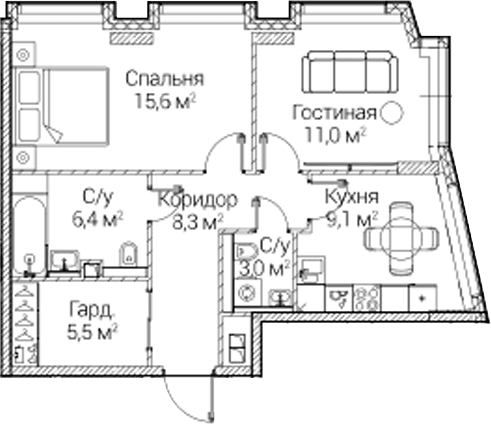 Планировка: 2-комнатная квартира 58,9 м² в ЖК «СЕЗАР БУДУЩЕЕ»