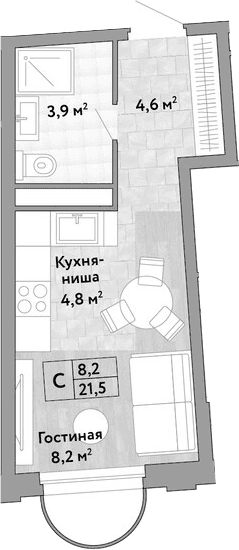Планировка: Студия 21,5 м² в ЖК «Новые Смыслы»