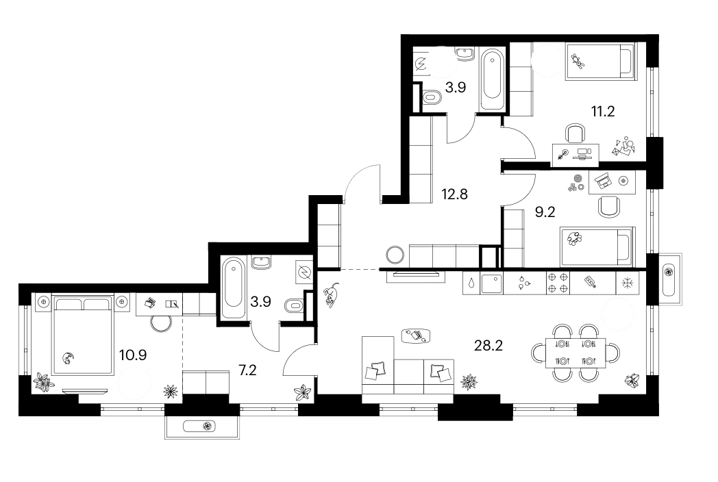 Планировка: 3-комнатная квартира 87,3 м² в ЖК «Зеленый парк»