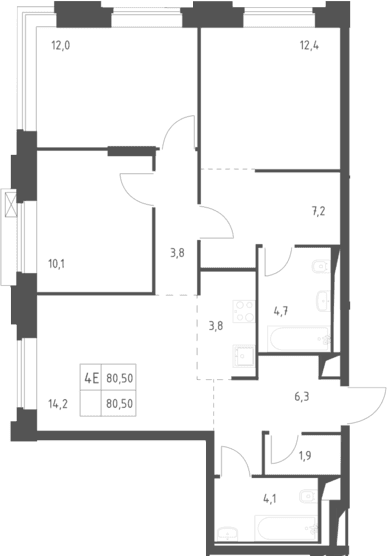 Планировка: Квартира евро-4 80,5 м² в ЖК «Верейская 41»