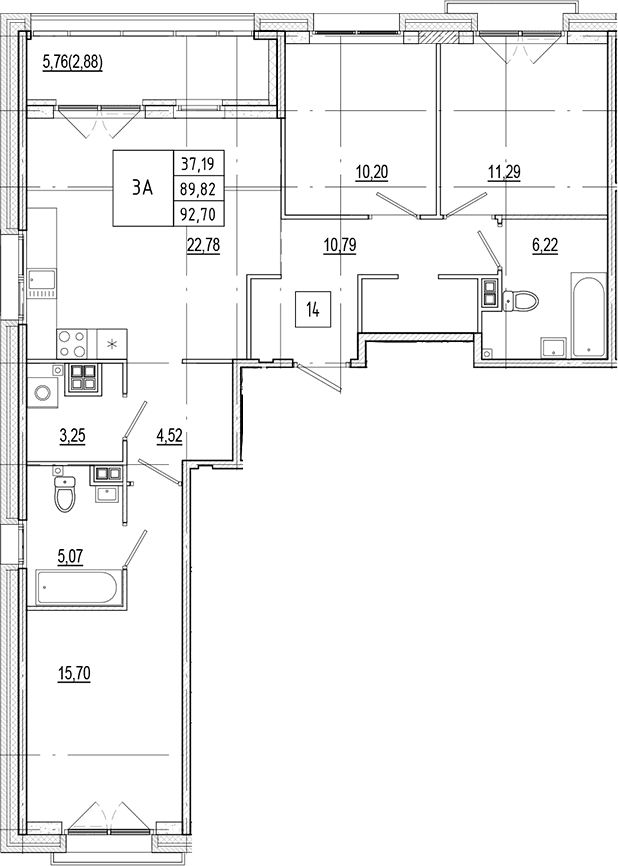 Планировка: Квартира евро-4 89,8 м² в ЖК «Ranta Residence»