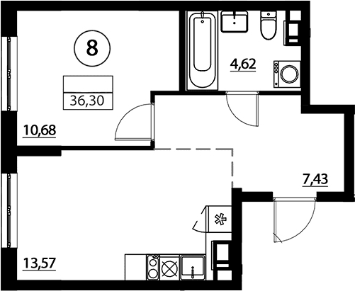 Планировка: 1-комнатная квартира 36,3 м² в ЖК «А101 Лаголово»