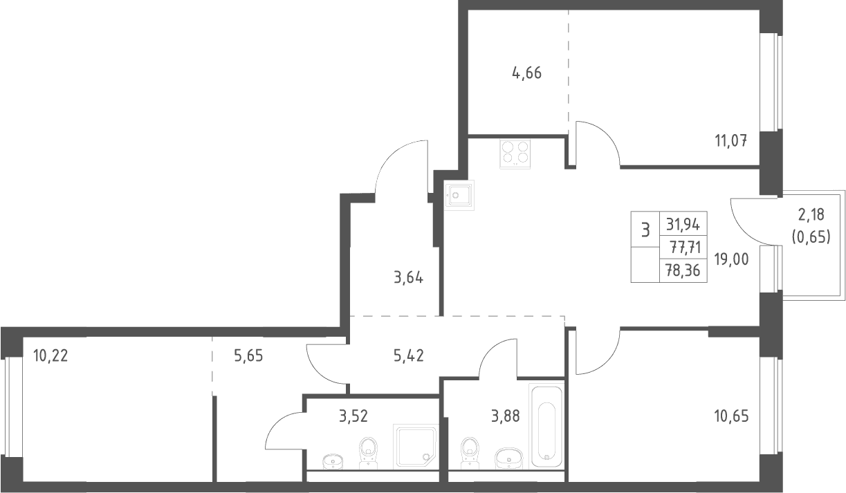 Планировка: Квартира евро-4 77,7 м² в ЖК «Большое Юрлово»
