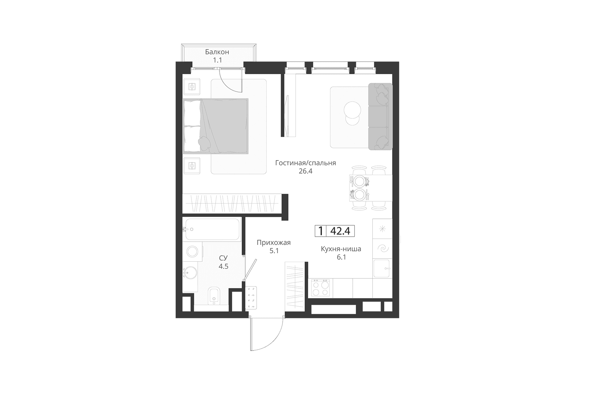 Планировка: Студия 42,1 м² в ЖК «ГРЭЙ»