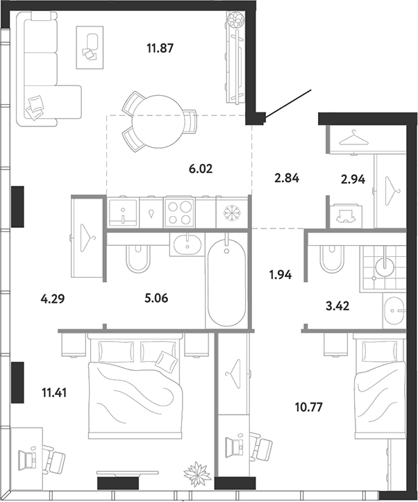Планировка: 2-комнатная квартира 60,6 м² в ЖК «Ридж»