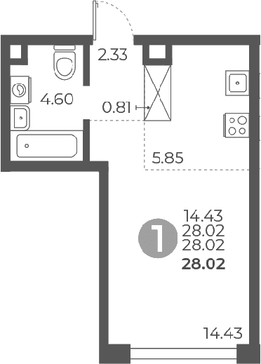 Планировка: Студия 28 м² в ЖК «Мневники от Гранель»