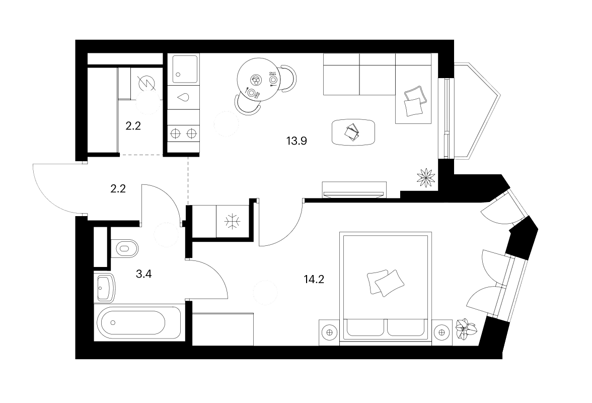 Планировка: 1-комнатная квартира 35,9 м² в ЖК «Мичуринский парк»