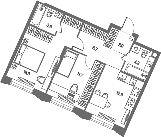 Планировка: 2-комнатная квартира 57,9 м² в ЖК «КОД Сокольники»