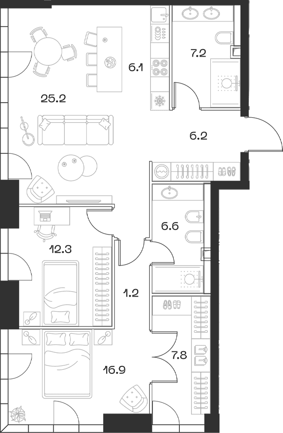 Планировка: Евротрёшка 89,9 м² в ЖК «SHIFT»