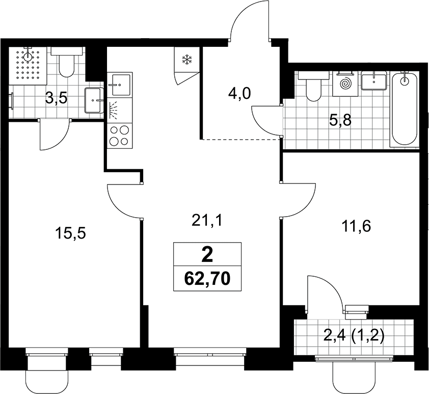 Планировка: Евротрёшка 61,5 м² в ЖК «Прокшино»