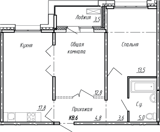 Планировка: Евротрёшка 57,5 м² в ЖК «Сибирь»