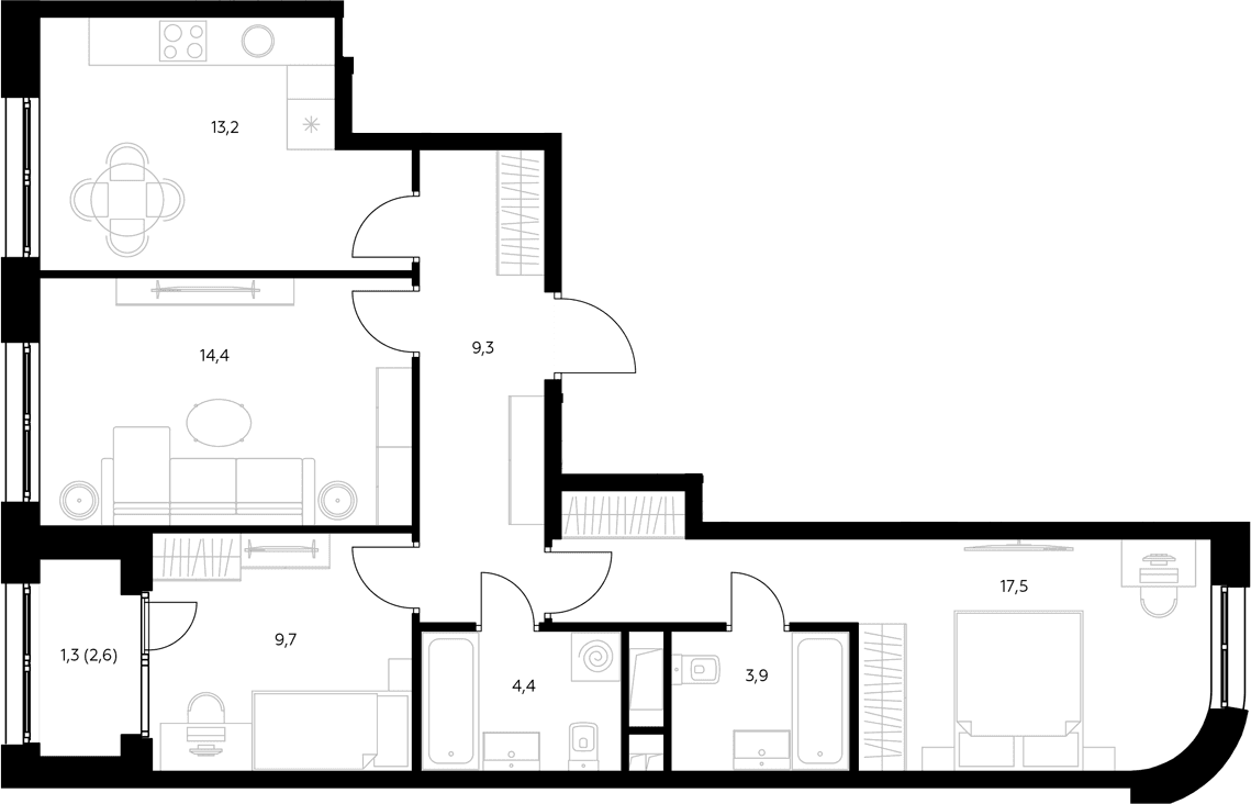 Планировка: 3-комнатная квартира 72,4 м² в ЖК «Адмирал»