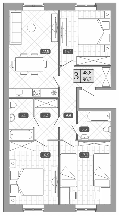 Планировка: Квартира евро-4 96,7 м² в ЖК «Белый город»