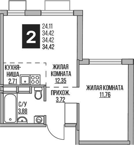 Планировка: Евродвушка 34,4 м² в ЖК «Гранель Аникеевский»