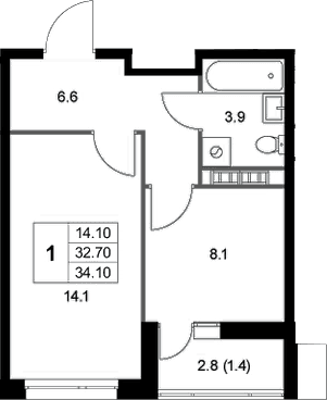 Планировка: 1-комнатная квартира 32,7 м² в ЖК «Легенда Коренево»