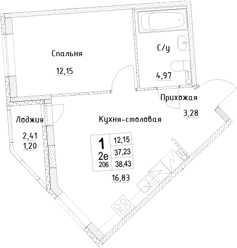 Планировка: Евродвушка 37,2 м² в ЖК «ID Kudrovo II»