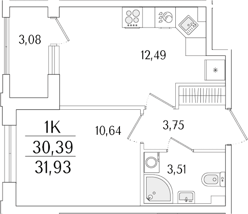 Планировка: 1-комнатная квартира 30,4 м² в ЖК «Гранат»