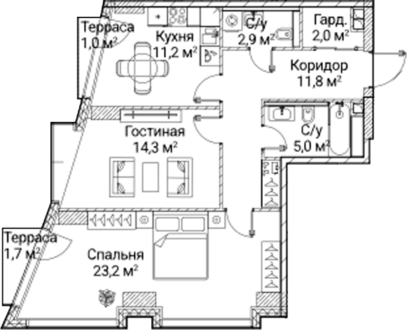 Планировка: 2-комнатная квартира 68,4 м² в ЖК «СЕЗАР БУДУЩЕЕ»