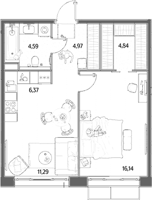 Планировка: Евродвушка 48,2 м² в ЖК «МЫС»