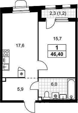 Планировка: Евродвушка 45,2 м² в ЖК «Прокшино»
