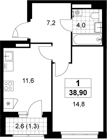 Планировка: 1-комнатная квартира 37,6 м² в ЖК «Деснаречье»